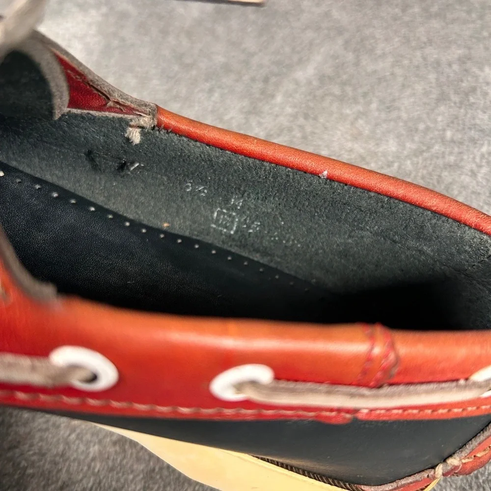 VTG Sebago Docksides Boat Shoes Mens 9.5 Navy Blue Red Leather Loafers